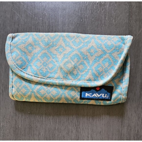 KAVU Big Spender Canvas Trifold Wallet Teal Tan Geometric Floral Print - Picture 1 of 5